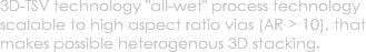 3D-TSV technology "all-wet" process technology scalable to high aspect ratio vias (AR > 10), that makes possible heterogenous 3D stacking.